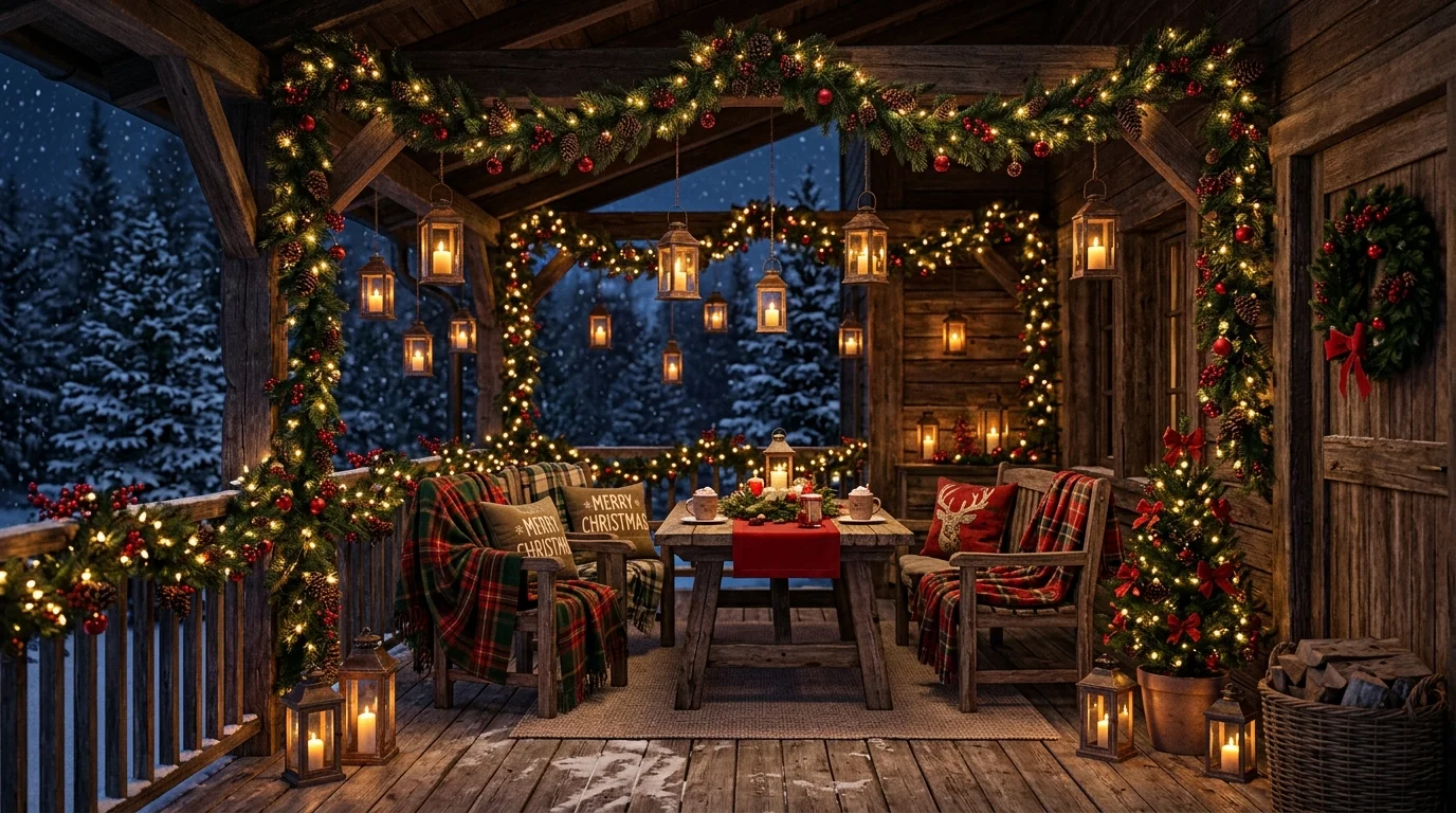 Rustic wooden patio decor with evergreen accents.