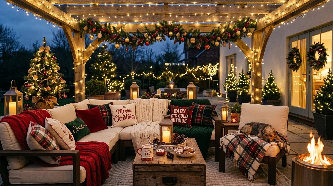 A cozy blanket lounge patio for Christmas.