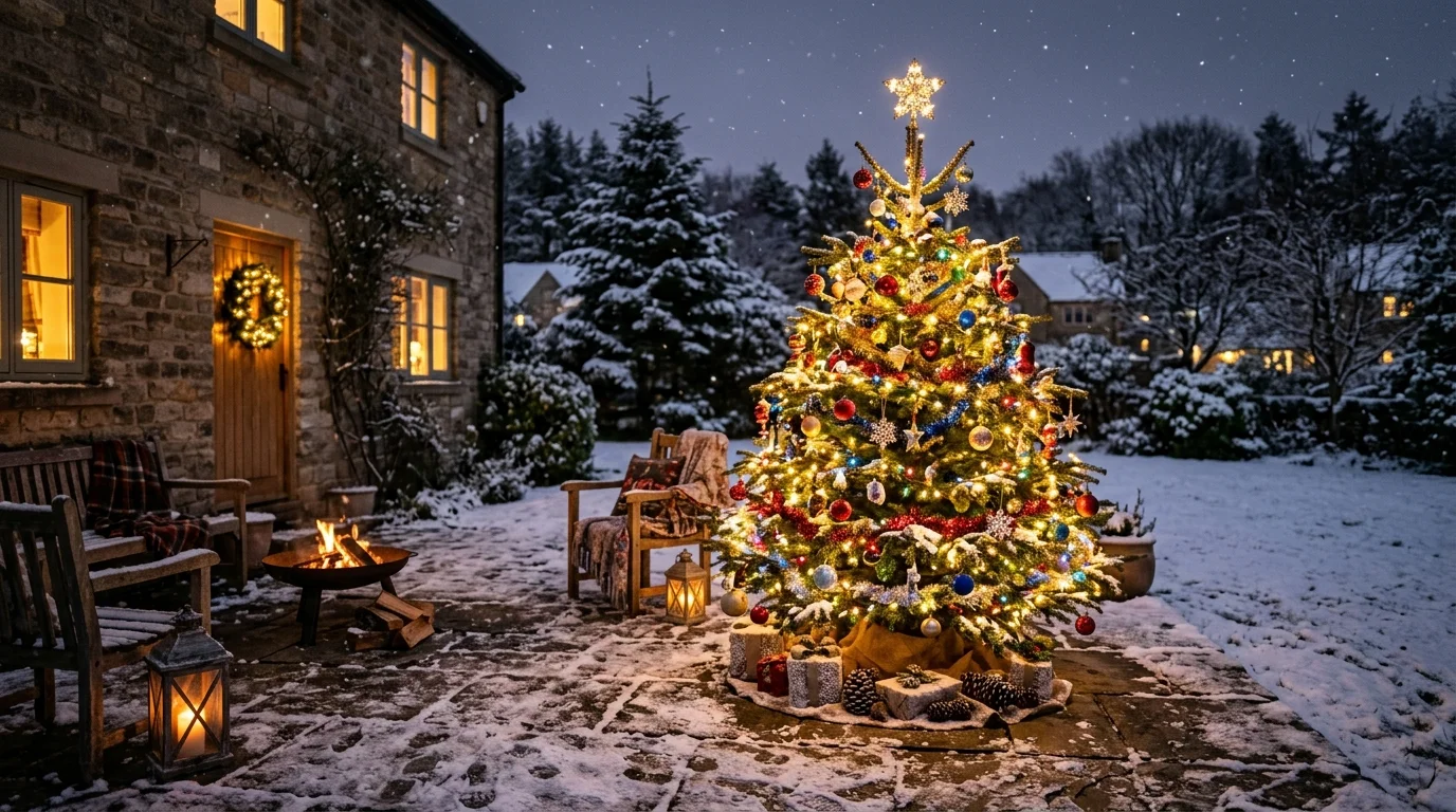 An outdoor Christmas tree patio setup.