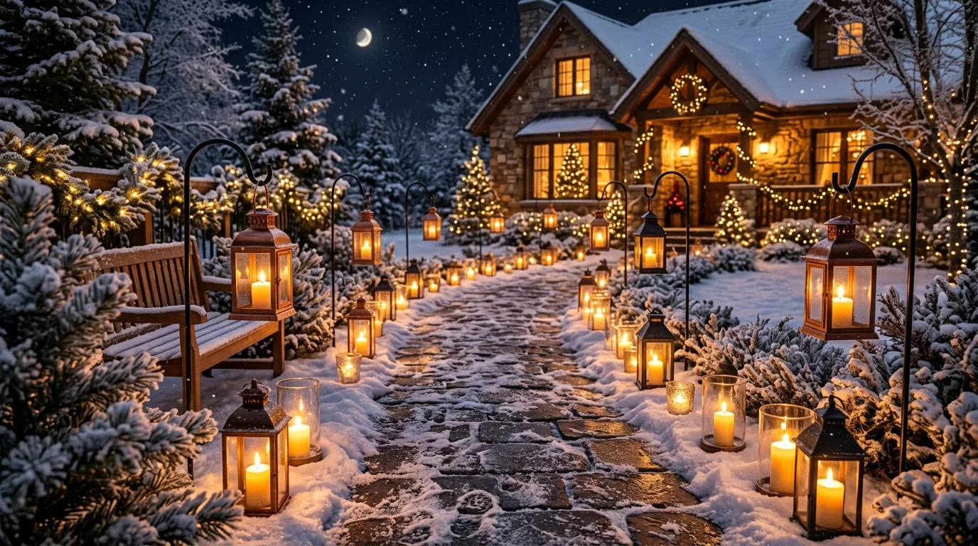 A lantern-lit patio pathway with warm light.