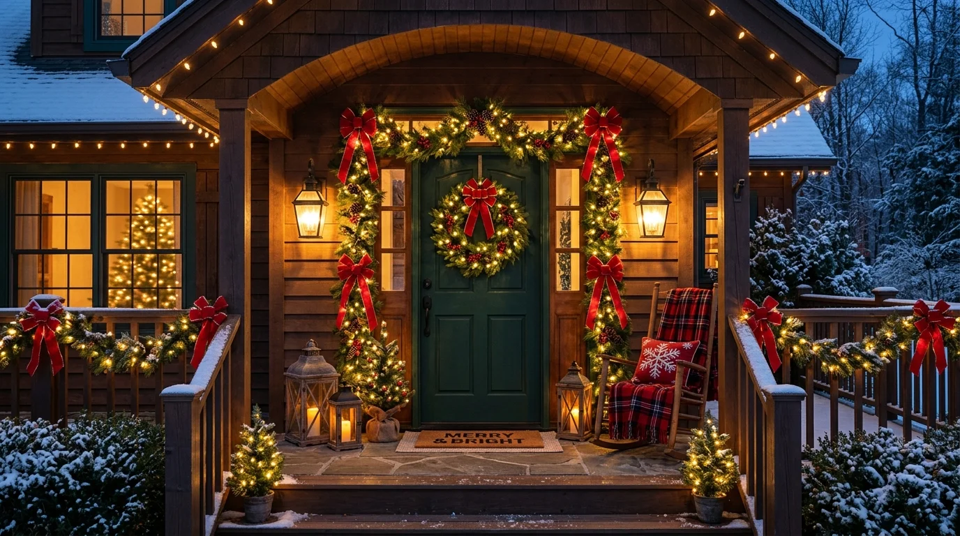 A classic Christmas porch welcome with greenery and lights.