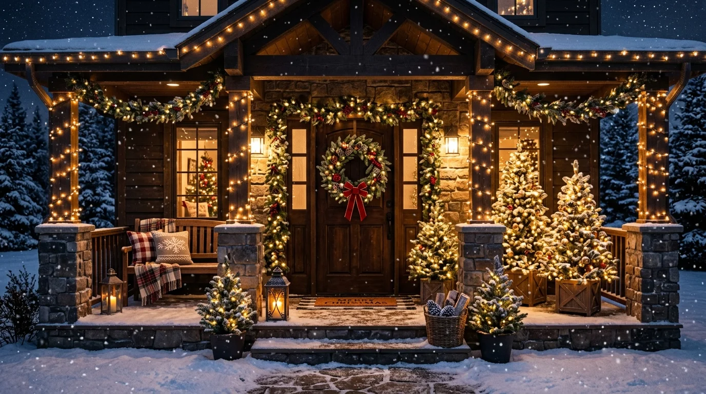 A magical snowfall porch entrance at night.