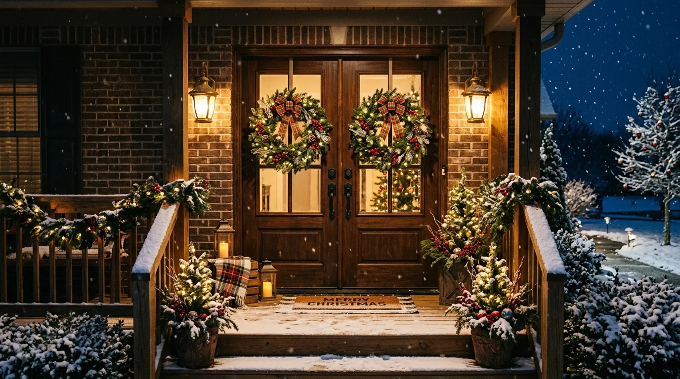 Double wreath front door for Christmas.