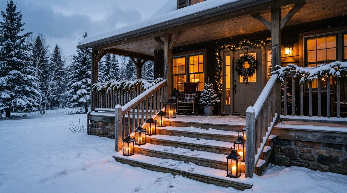 A snowy porch lantern glow at night.