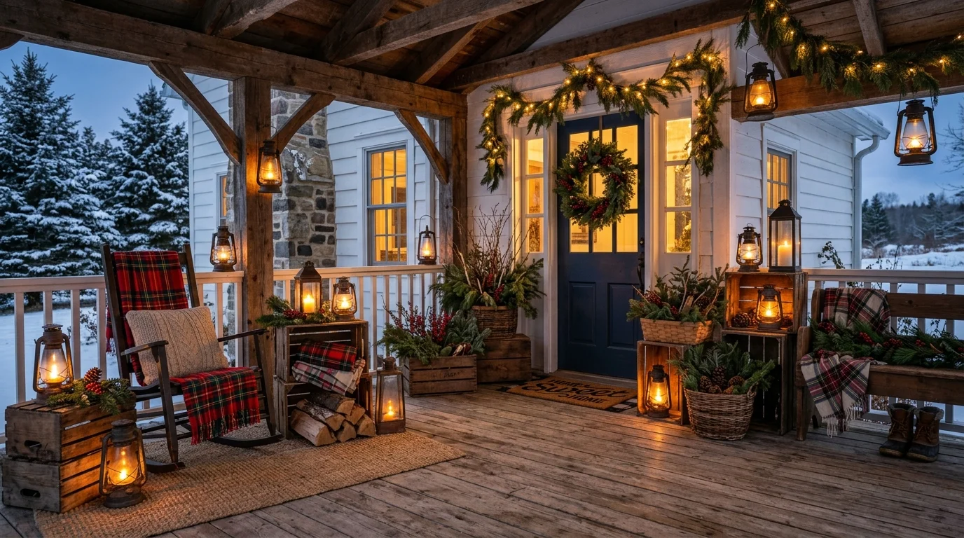 A rustic farmhouse Christmas porch setup.