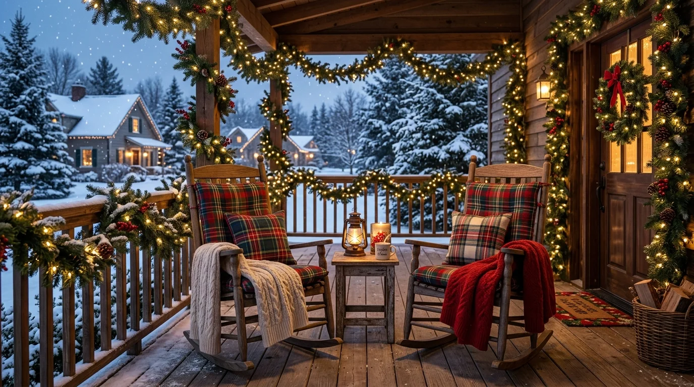 Christmas porch rocking chairs with cozy styling.