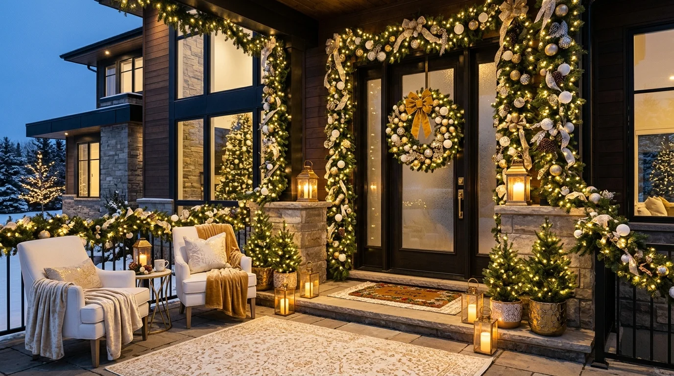 Elegant gold and white porch decor.