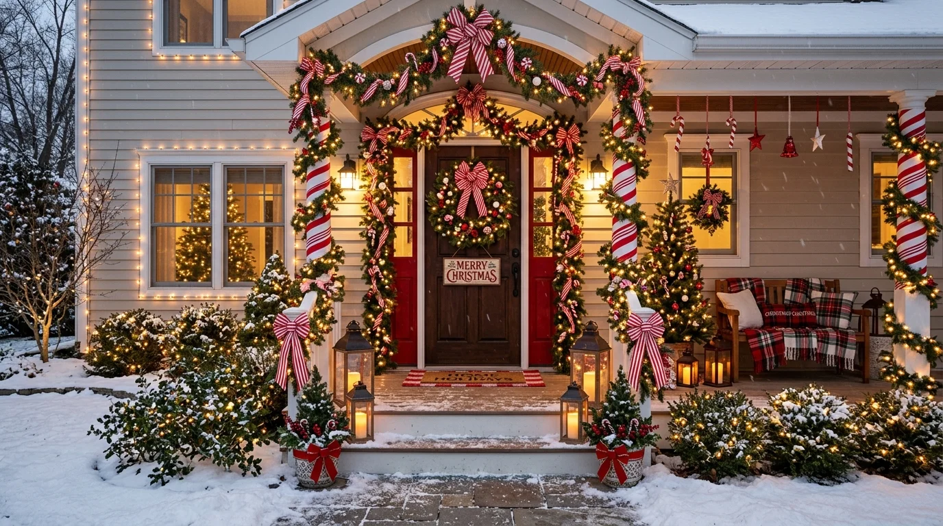 A candy cane porch theme with festive accents.