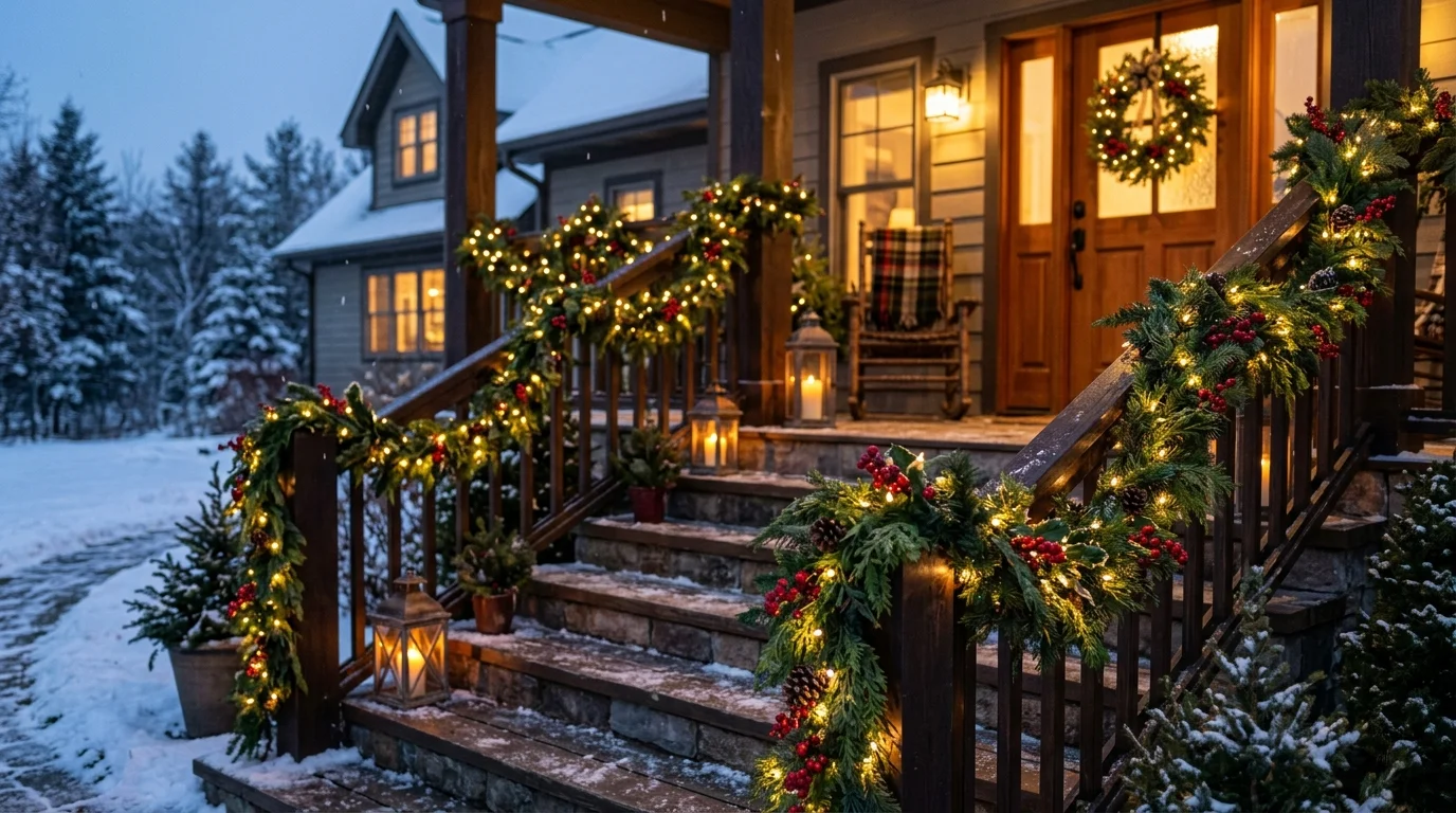 An evergreen garland staircase on a porch.