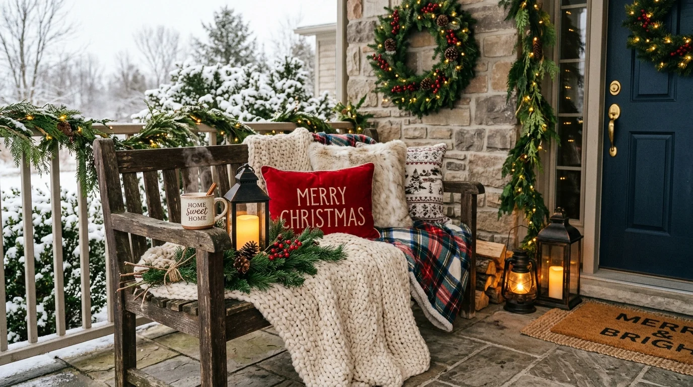 A Christmas porch bench setup with cozy decor.