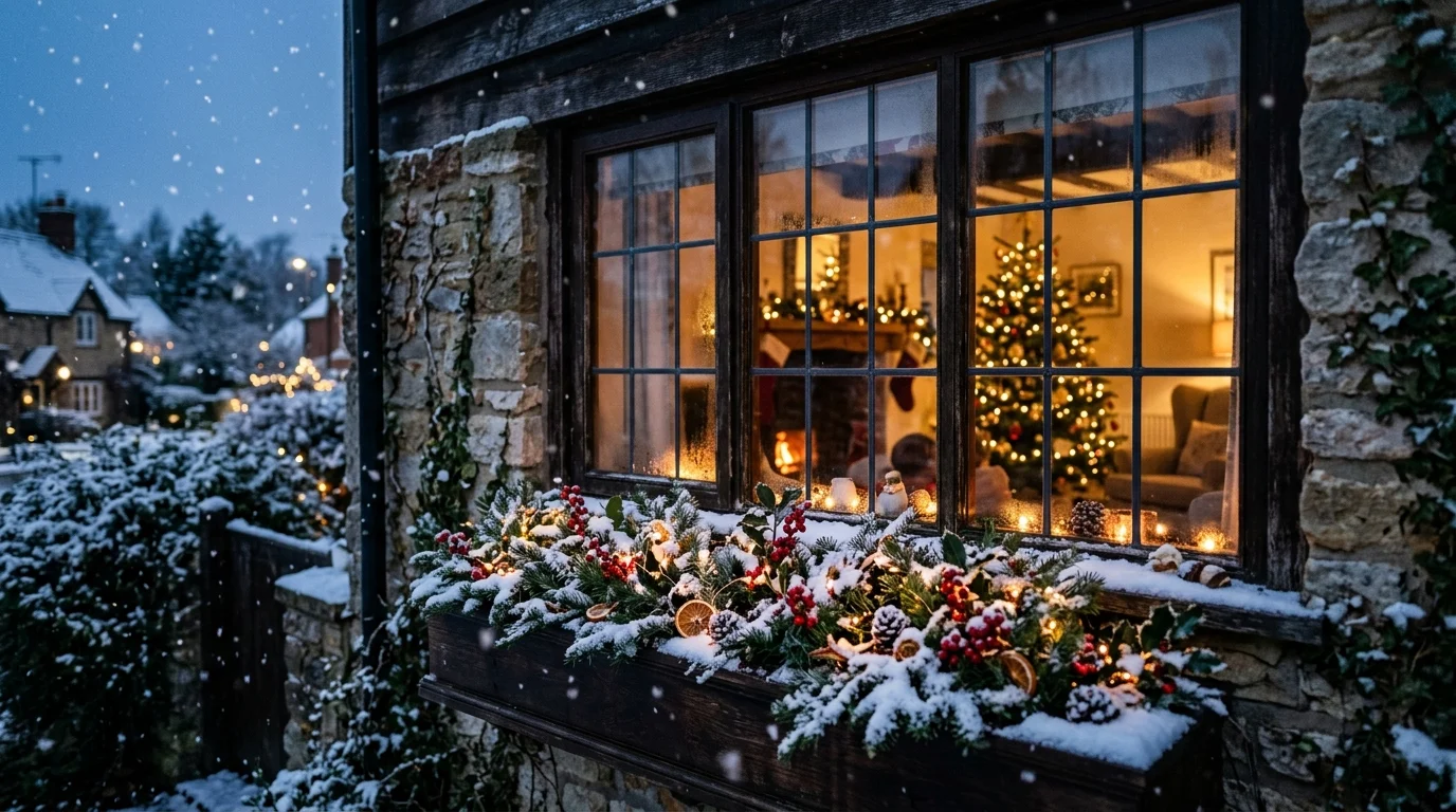 A twilight snowfall window box with soft glow.