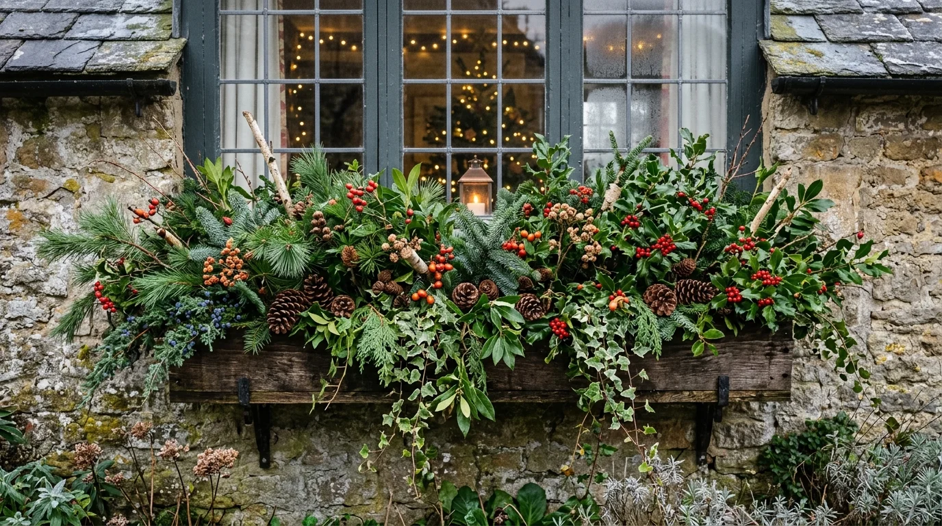 An overgrown natural winter window box.