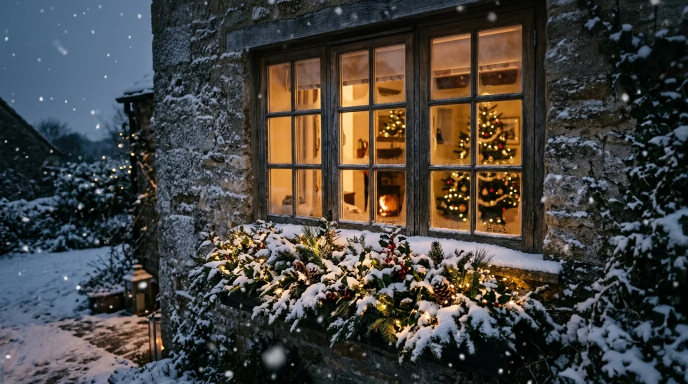 A snowy night window box glow with lights.