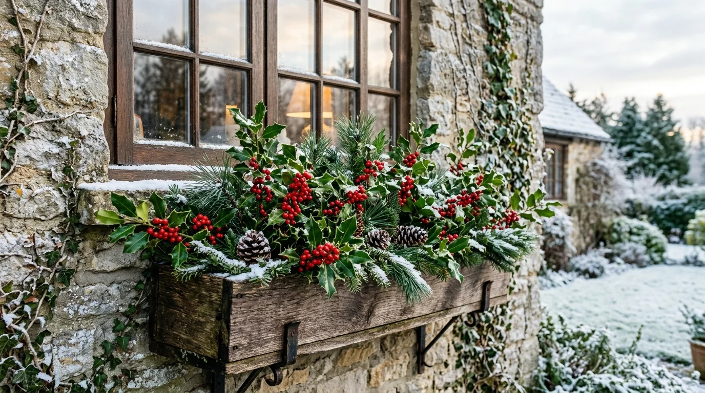 A red berry festive window box display.