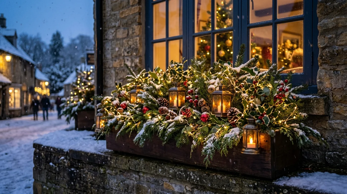 A lantern and greenery window box display.