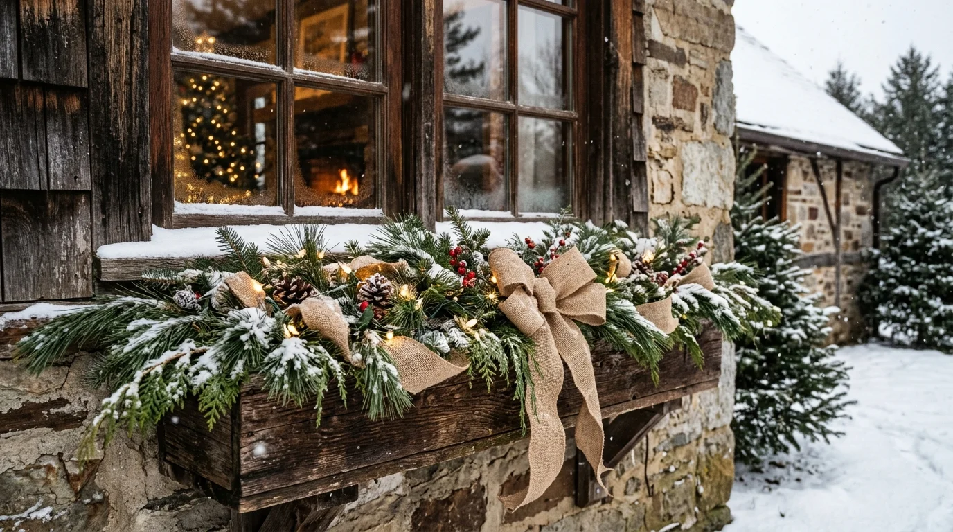 A rustic farmhouse Christmas window box.