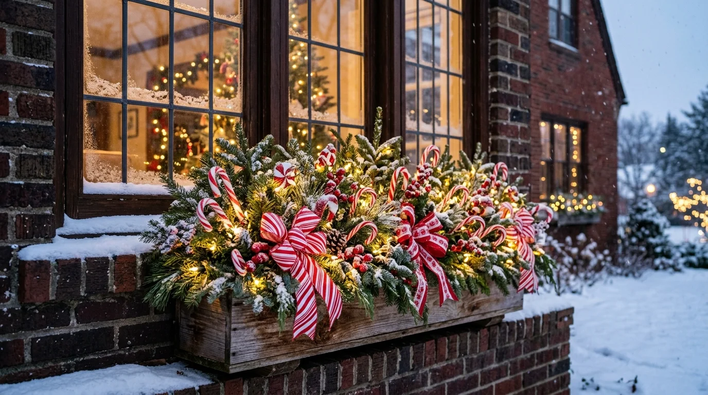 A candy cane themed window box.