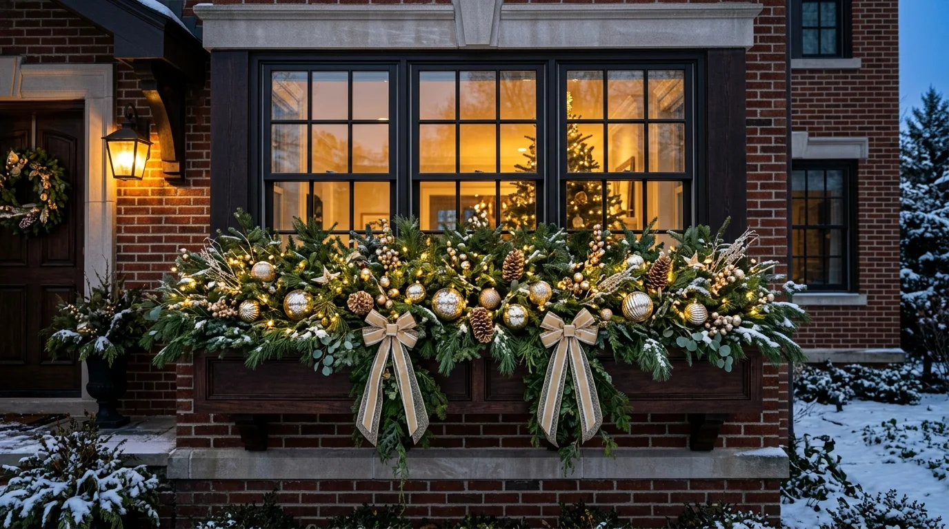 A luxurious gold Christmas window box display.