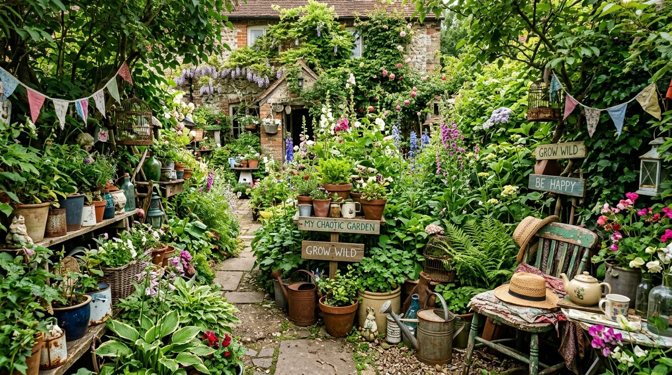 A maximalist plant explosion garden with layered decor.