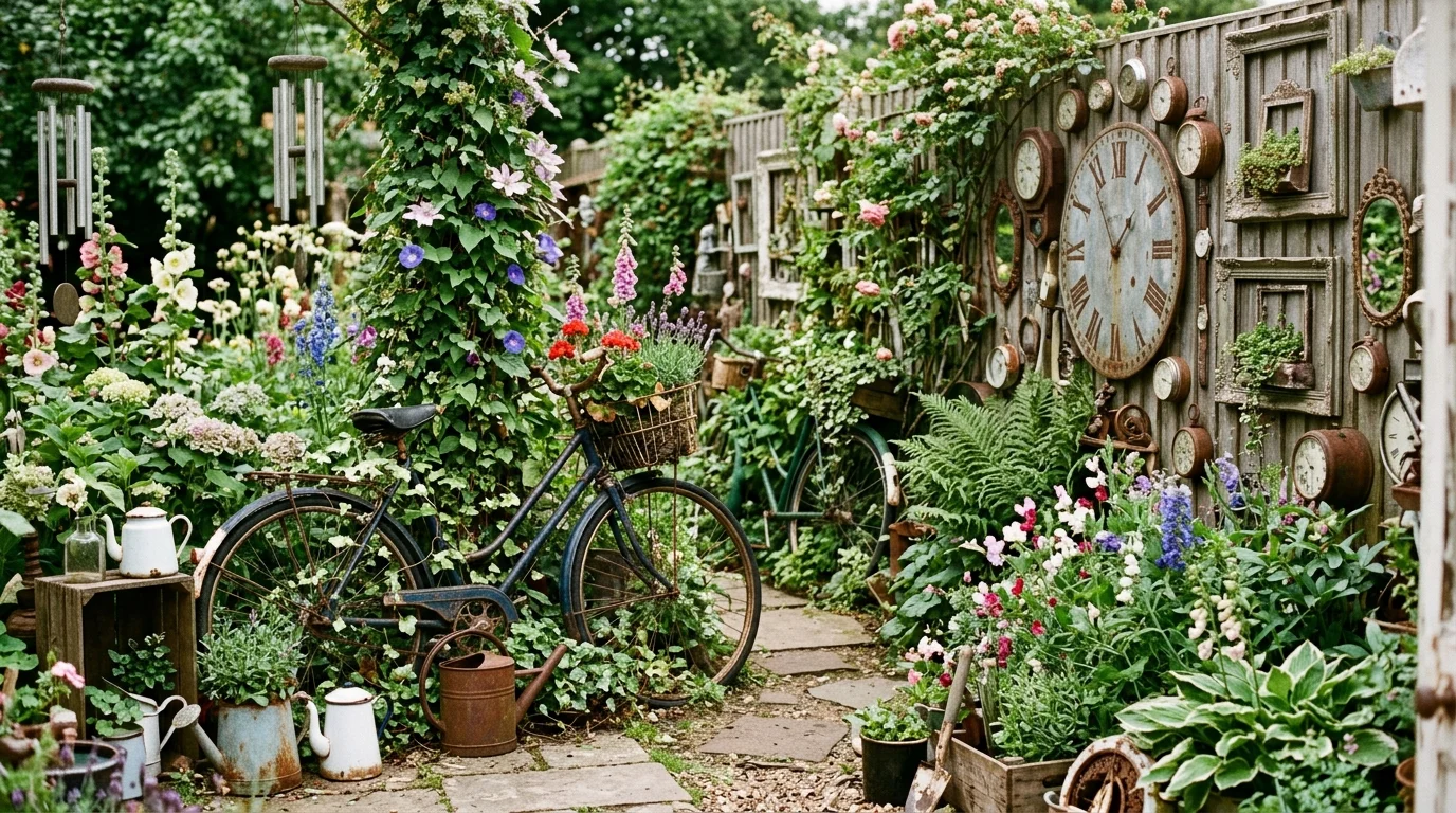 A vintage junk garden aesthetic with layered decor.
