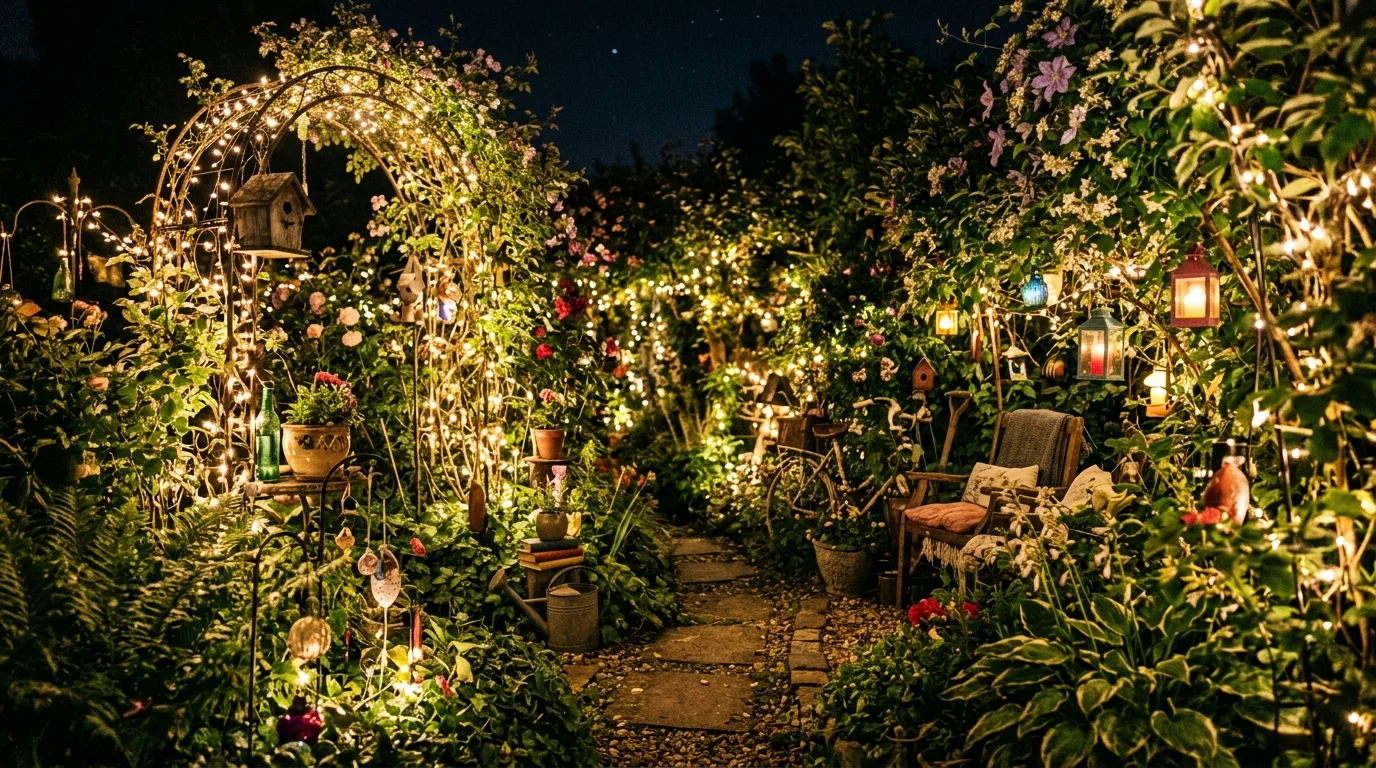 A magical evening cluttercore garden with warm lighting.