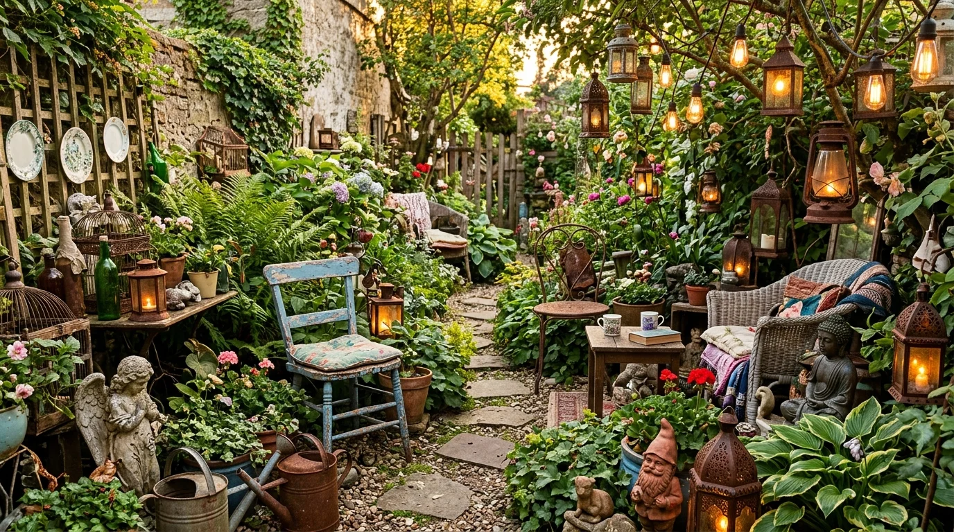 Vintage objects placed within a cluttercore garden.