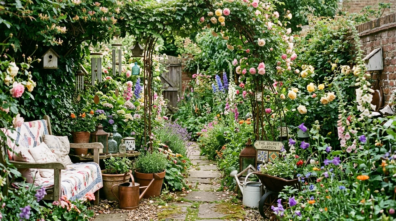 An overgrown cozy garden path with lush planting.