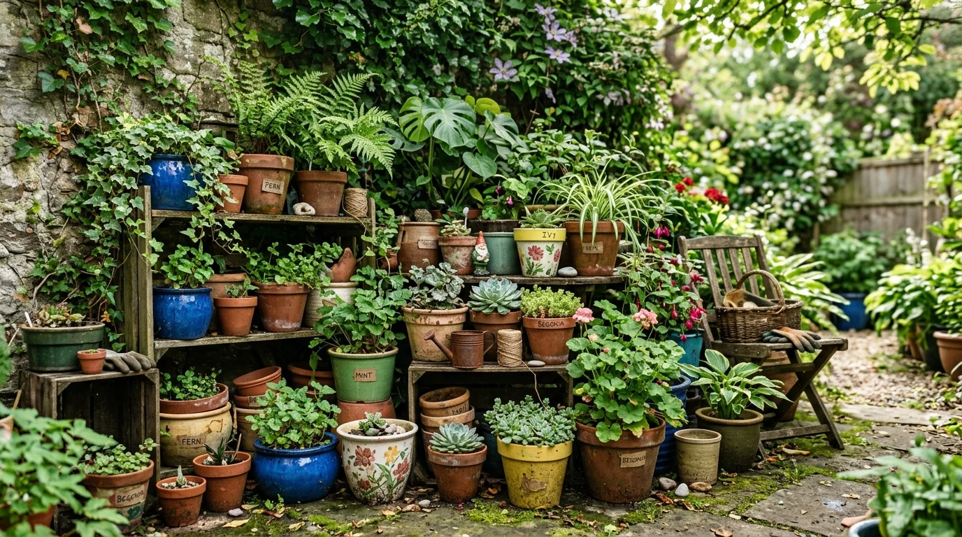 Layered pots and containers in a cluttercore garden.