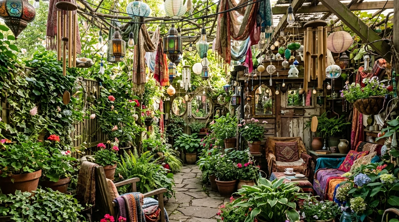 A hanging decor overload garden with layered pieces.
