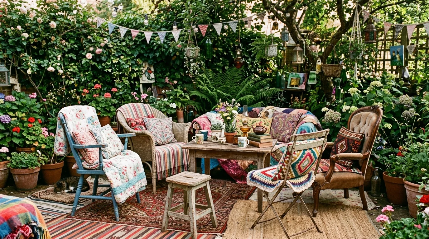 An eclectic garden seating area with layered decor.