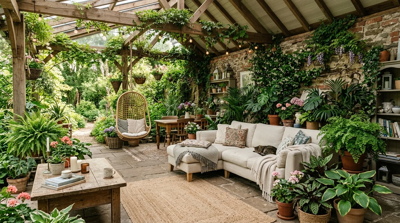 An indoor-outdoor clutter mix with layered decor.