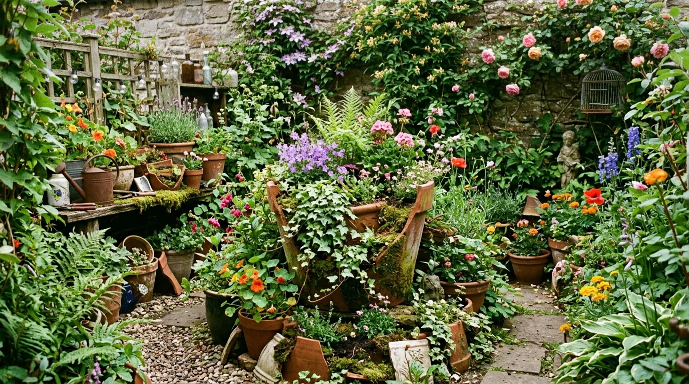 A broken pot artistic garden arrangement.