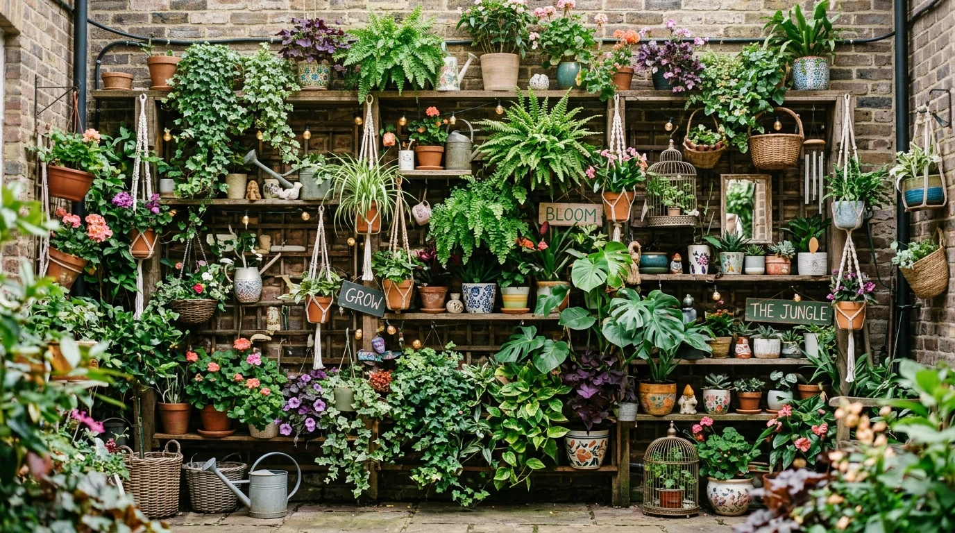 A dense vertical plant wall in a cluttercore garden.