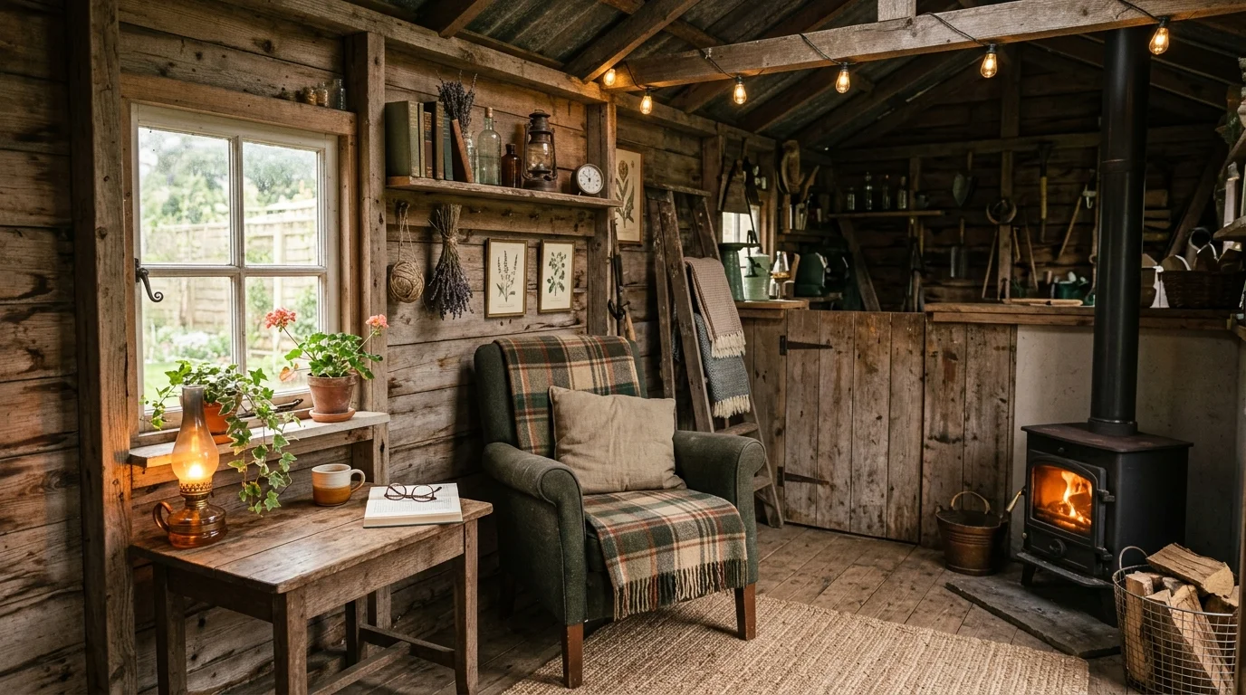 A cozy rustic garden shed interior styled with warm wood textures and decorative touches.