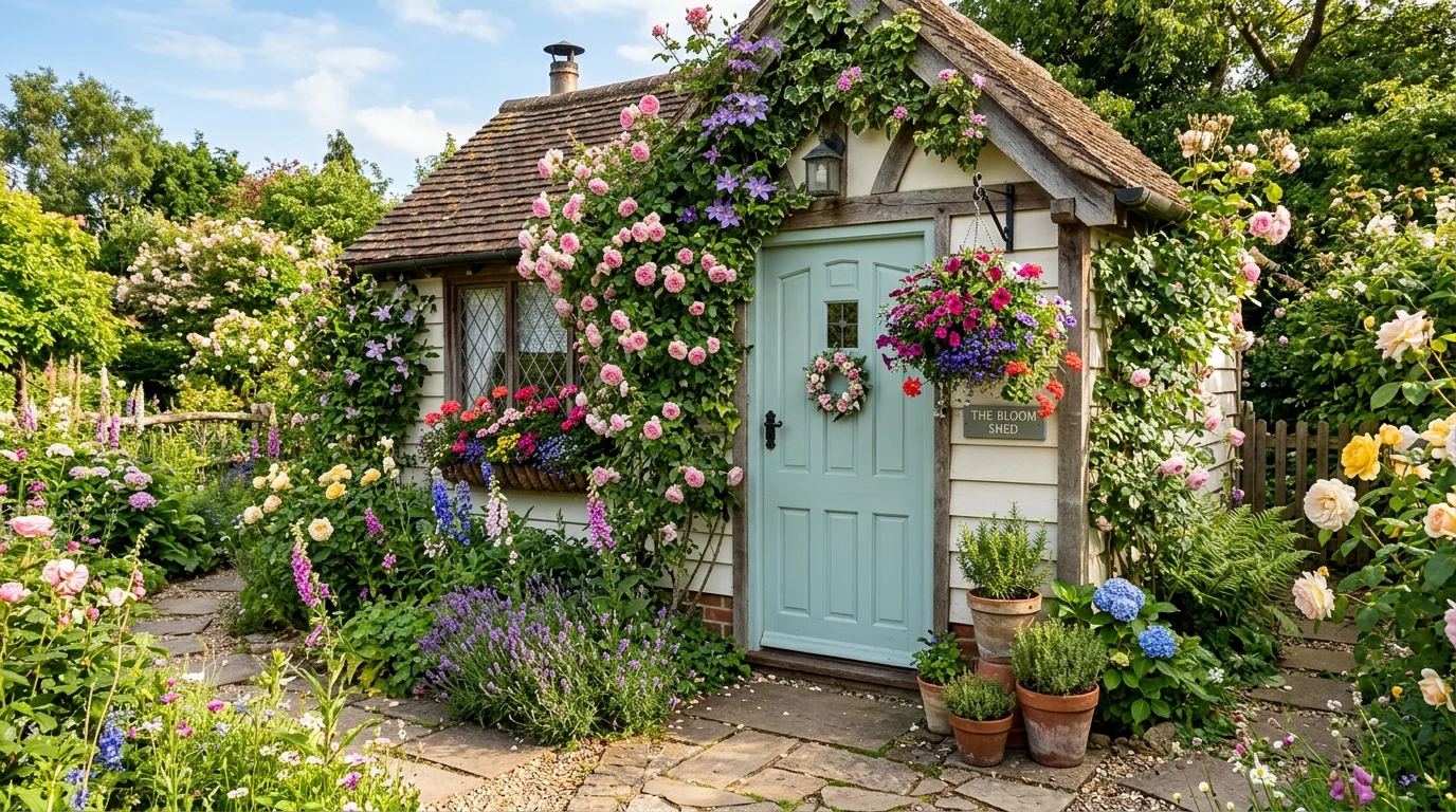 A floral exterior shed makeover with decorative planting and charm.