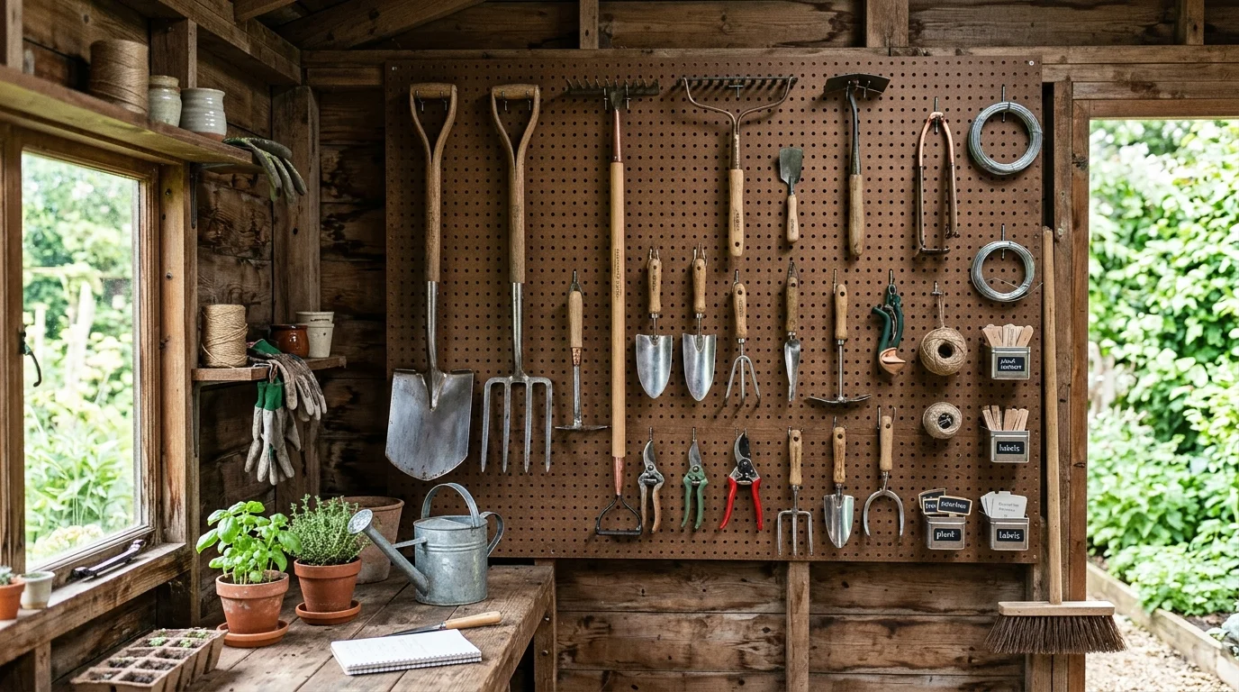 An organized tool wall display inside a well-styled garden shed.