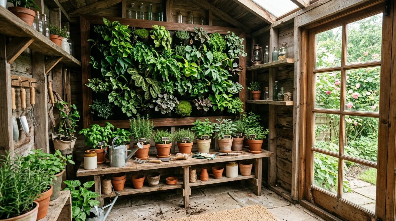 A vertical plant wall bringing greenery into the interior of a garden shed.