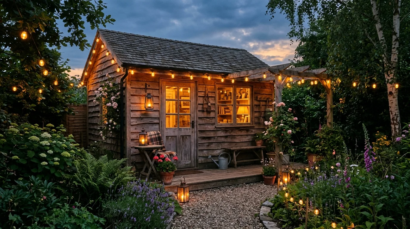 An ambient lighting upgrade making a garden shed feel warm and inviting.