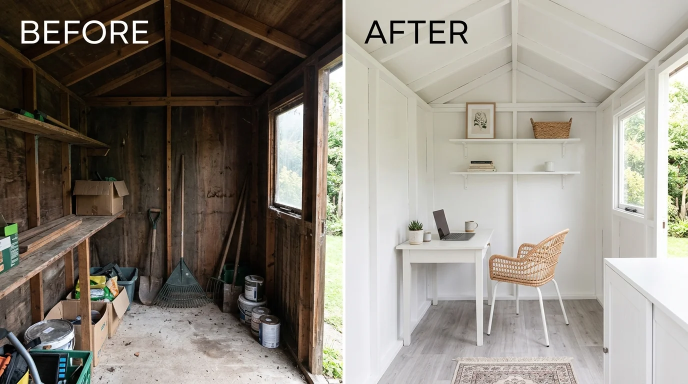 A painted shed interior transformed into a brighter, more stylish space.