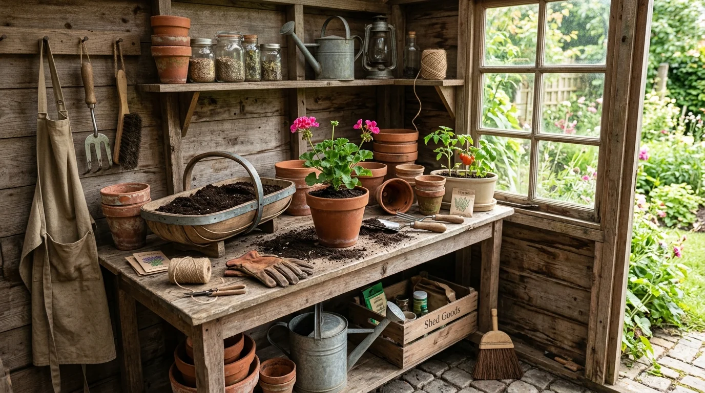 A styled potting bench corner inside a decorative garden shed.