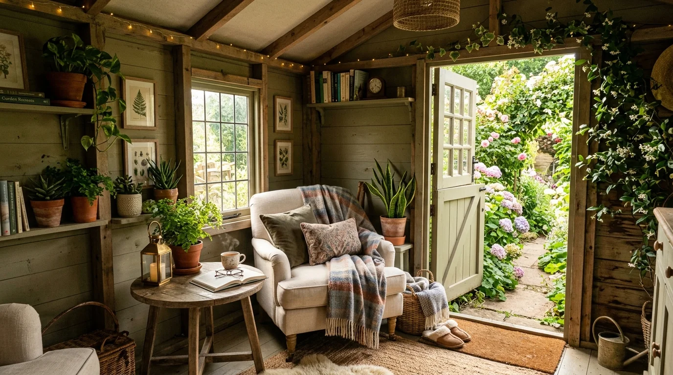 A multi-use garden shed designed for both relaxation and practical use.