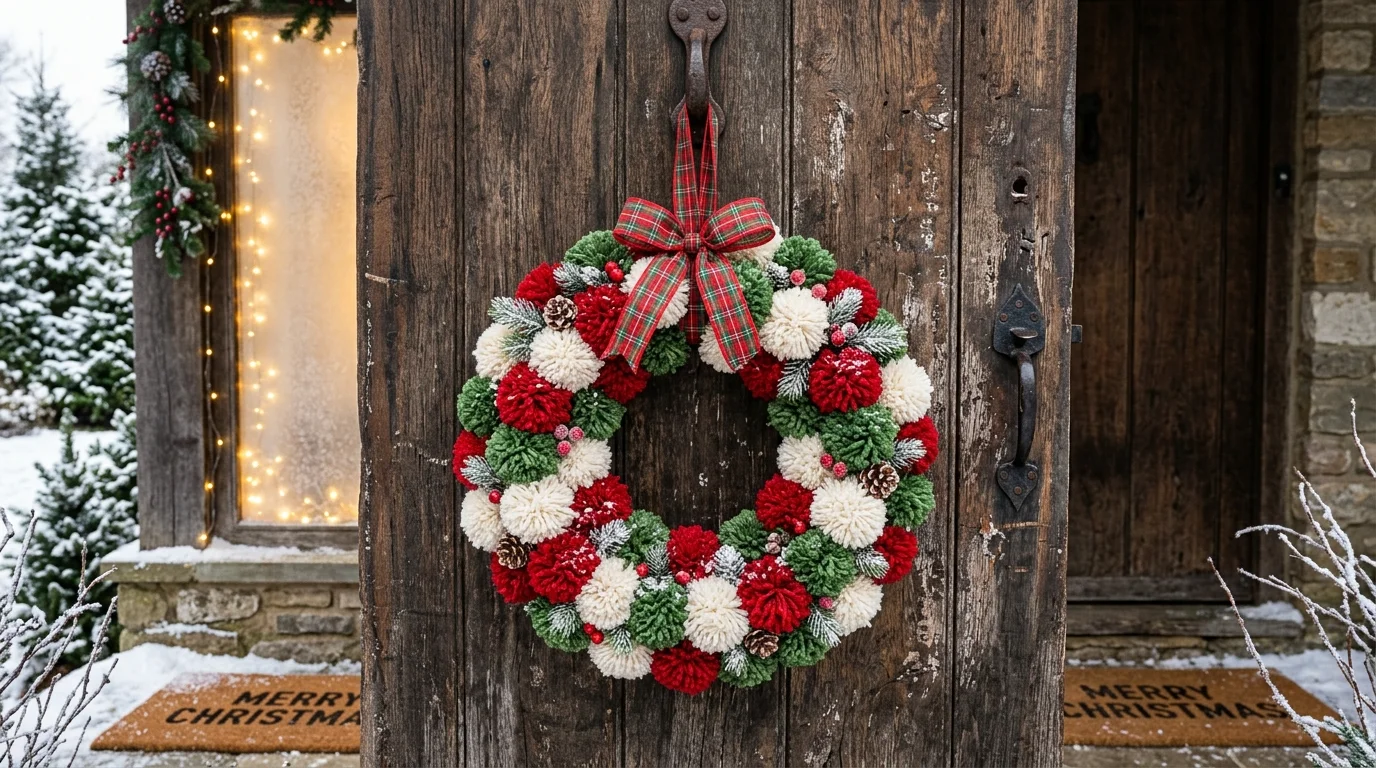 DIY Pom Pom Door Wreath for Christmas inspiration image.