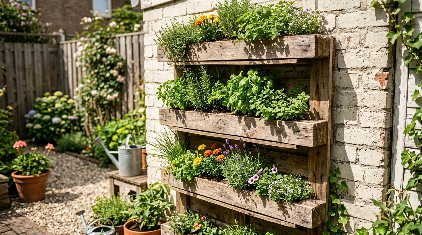 A classic DIY vertical pallet planter styled as a living wall in a garden.