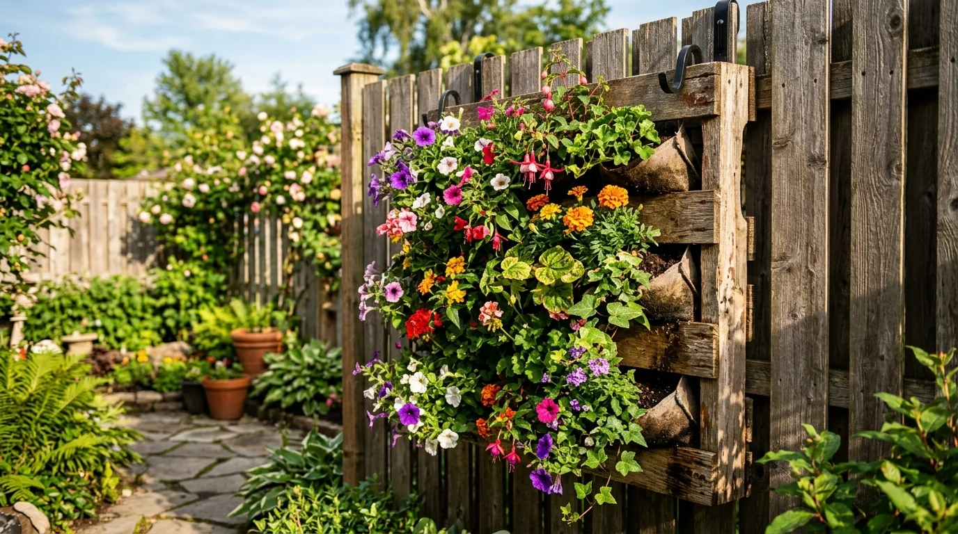 A hanging pallet wall garden turning vertical space into a planted feature.
