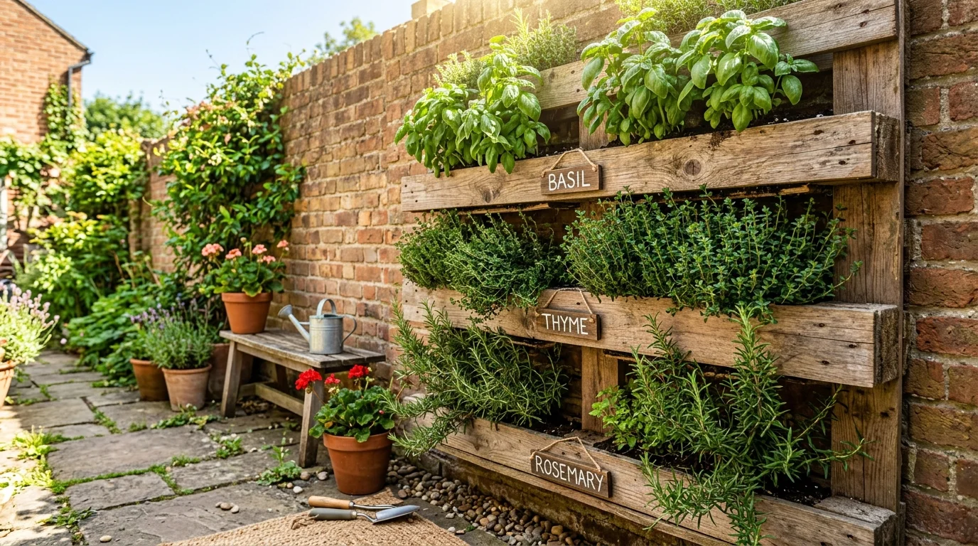 A DIY herb pallet planter creating a practical vertical edible garden.