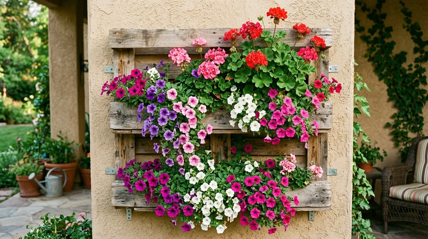 A flower-filled vertical pallet bringing bright color to a plain wall.