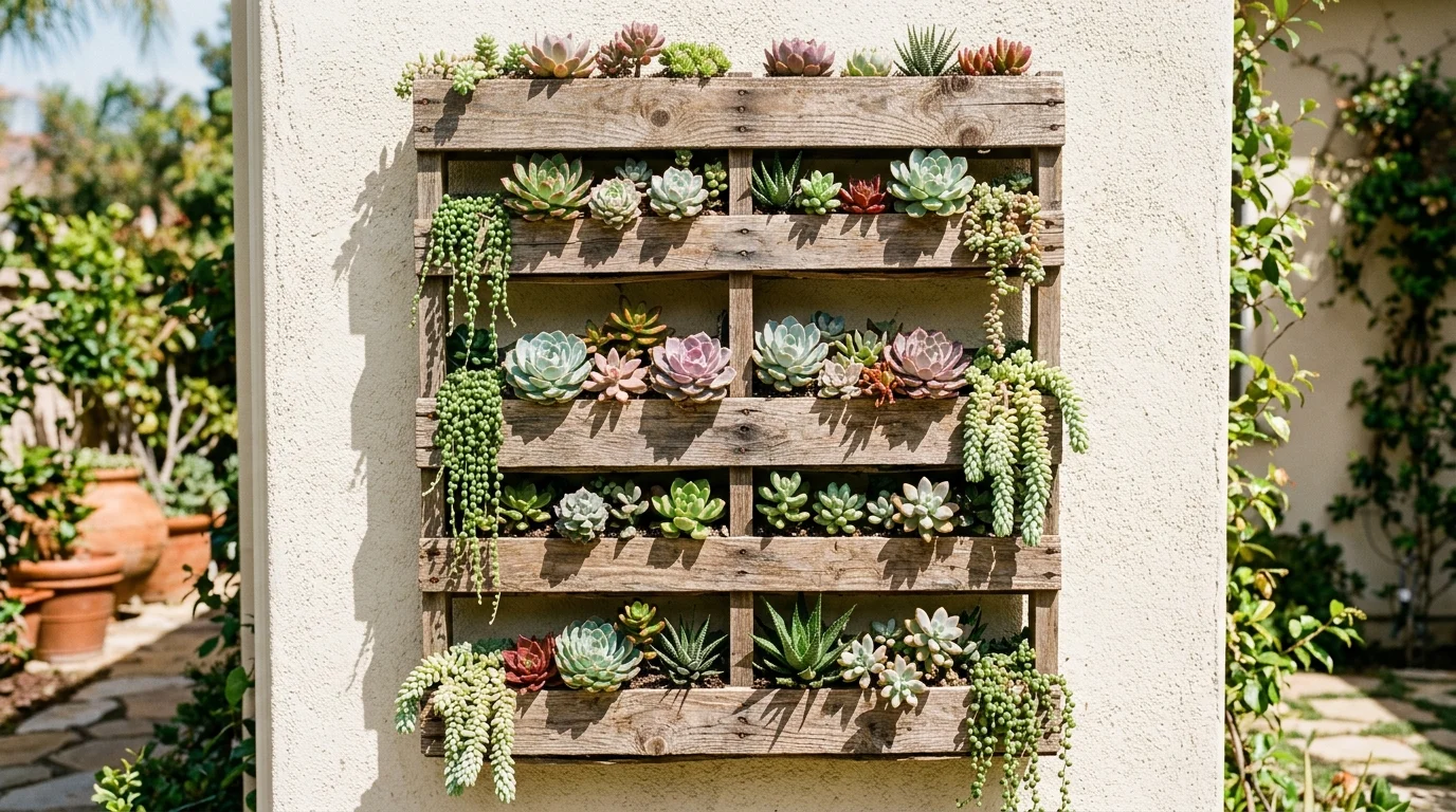 A pallet planter filled with succulents for a sculptural low-maintenance display.