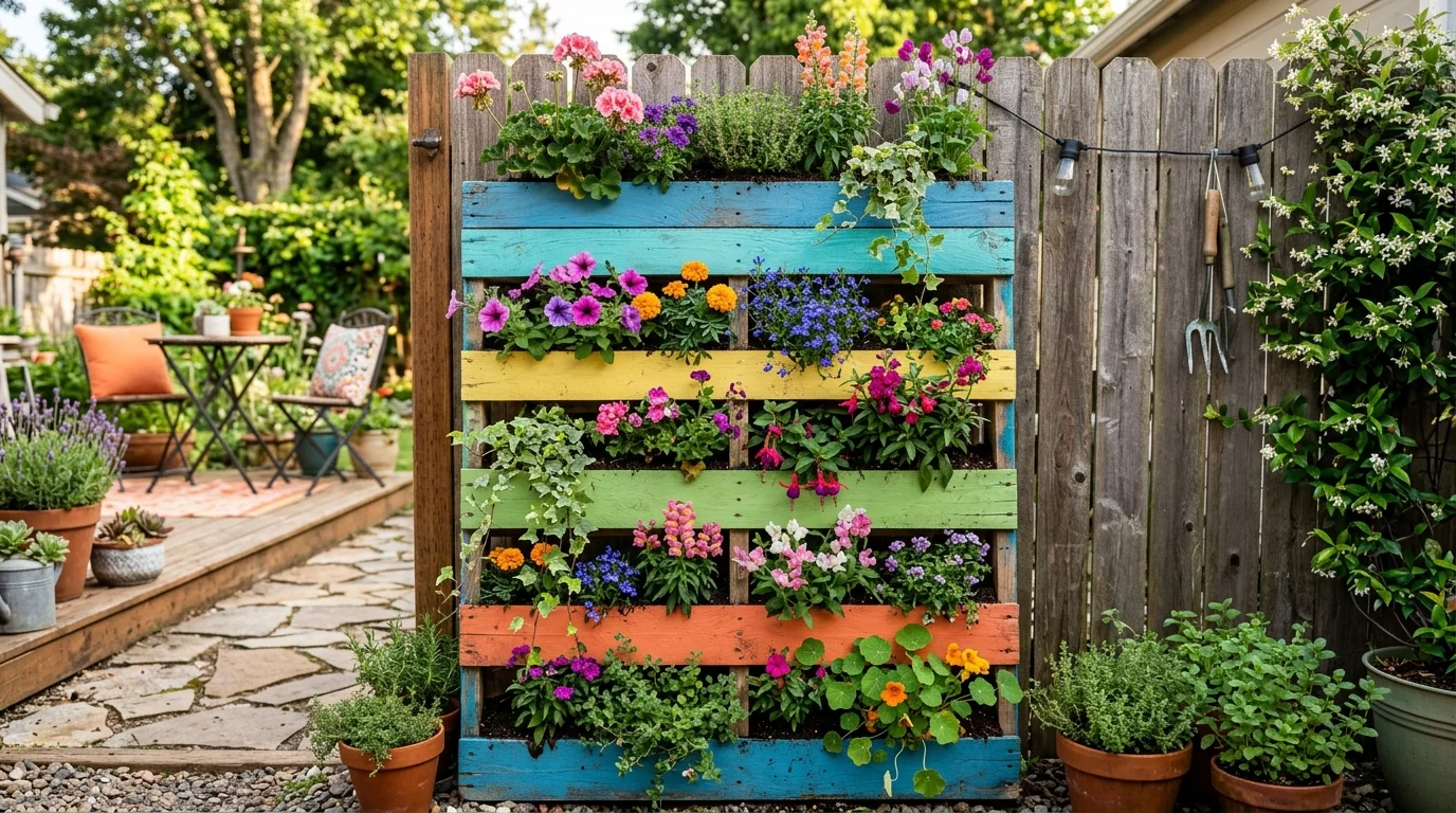 A DIY painted pallet garden giving a recycled planter a more finished style.