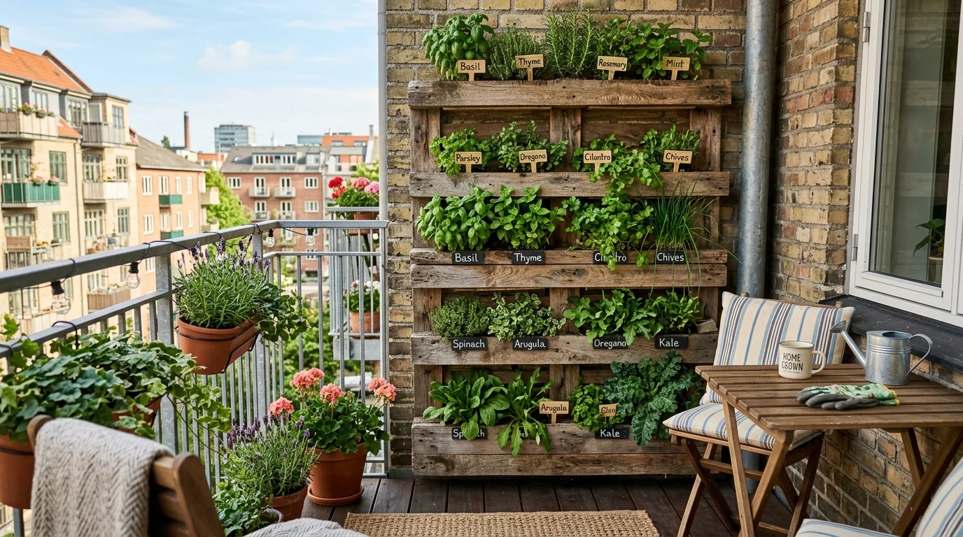 A small balcony vertical pallet planter making smart use of limited space.