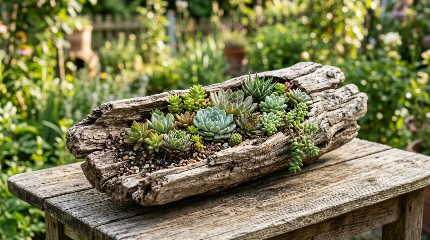 A driftwood succulent planter with a relaxed, rustic garden feel.